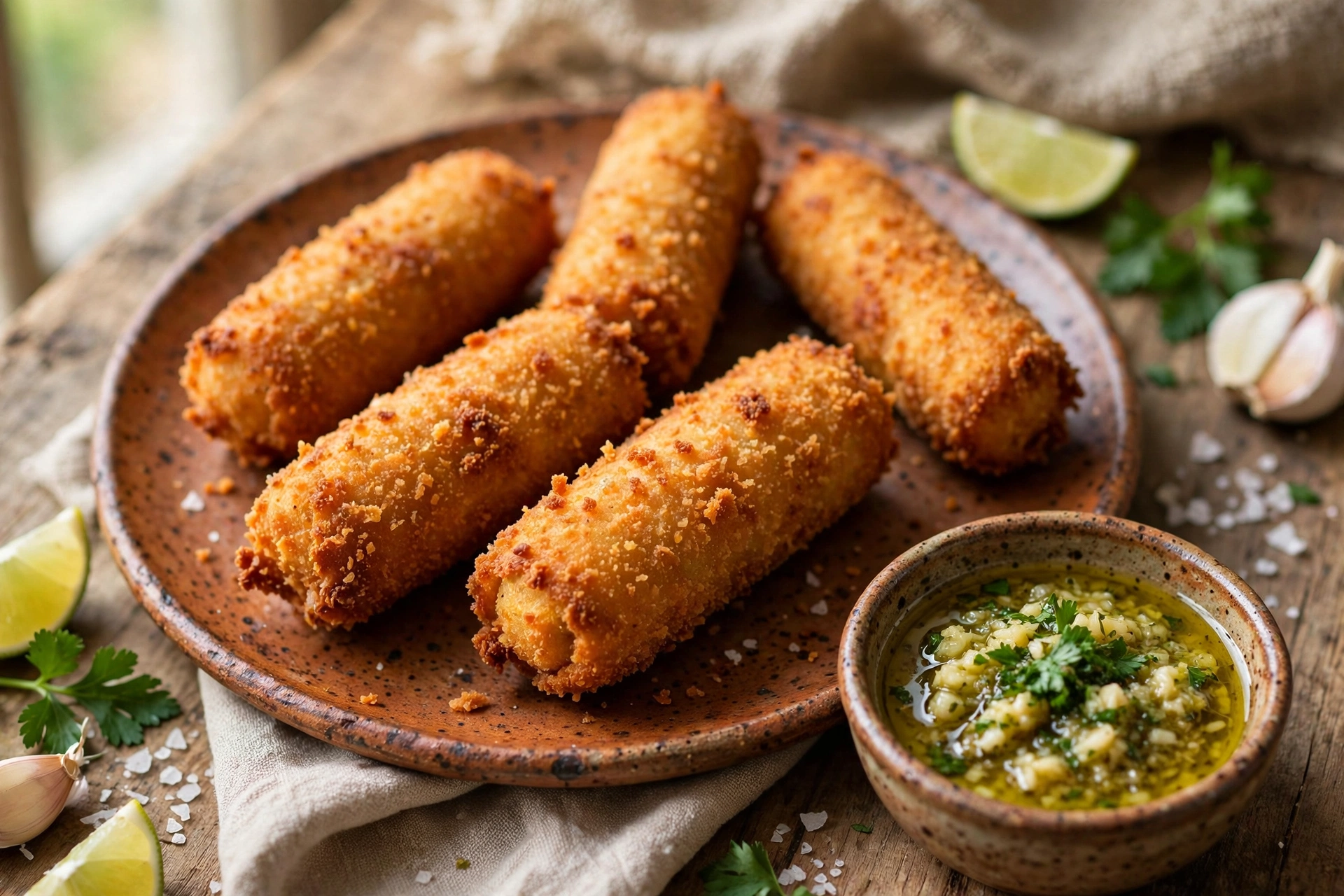 Golden Cuban croquetas with mojo dip